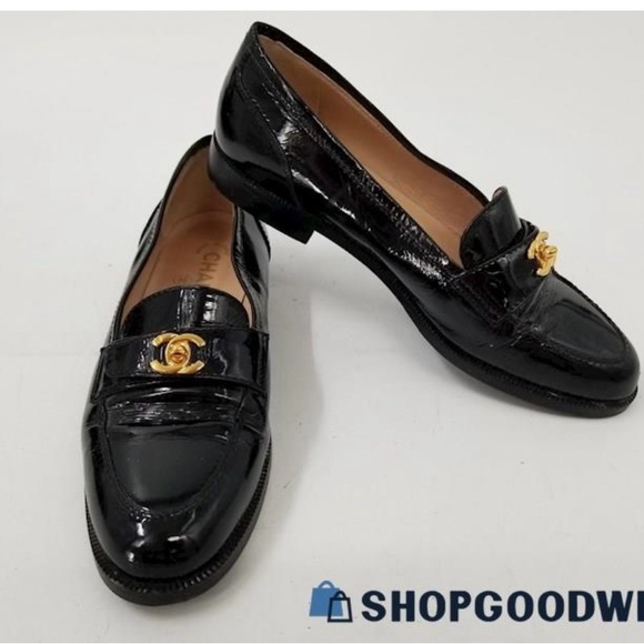 Vintage Chanel CC gold Turlock logo black patent leather loafers size 37 - Picture 6 of 6
